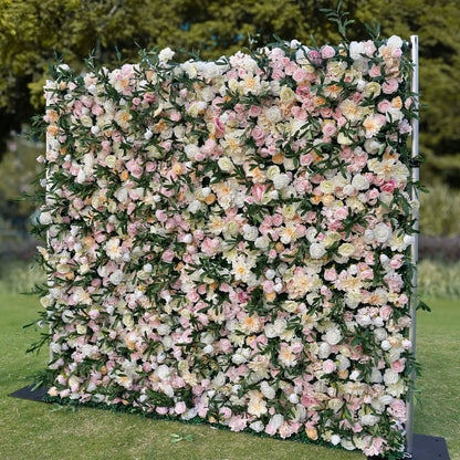 Rosy Wedding Backdrop Decor Green Leaves Pink Rose Fabric Cloth Flower Wall