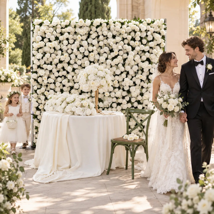 All White Wedding Backdrop Package with Flower Wall & Centerpieces in an AI-styled wedding scene