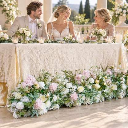 White, Blush & Greenery Artificial Flower Runner styled for a wedding celebration