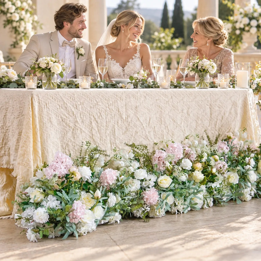 White, Blush & Greenery Artificial Flower Runner styled for a wedding celebration