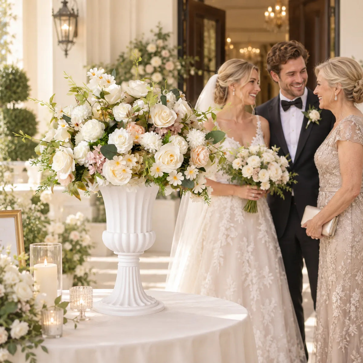 White & Champagne Floral Centerpiece – Wedding Table Decor styled for a wedding celebration