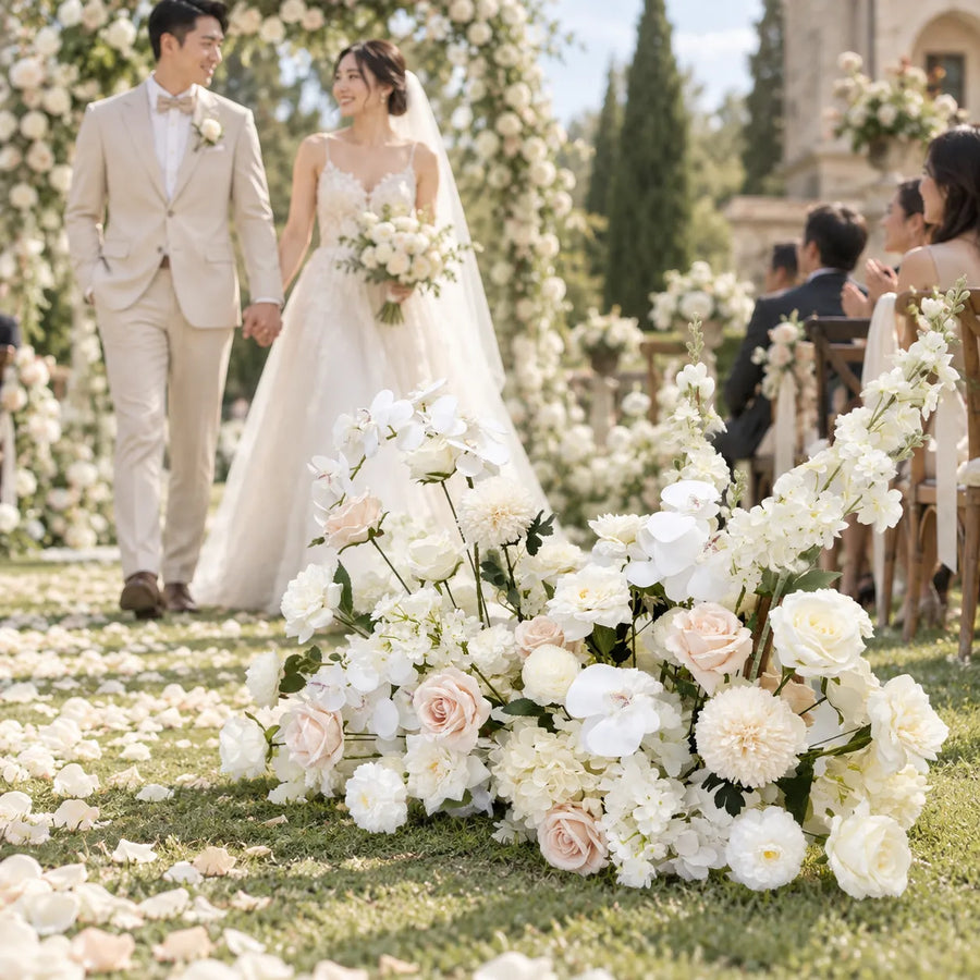 White & Champagne Floral Row – Wedding Aisle Decor in an AI-styled wedding scene