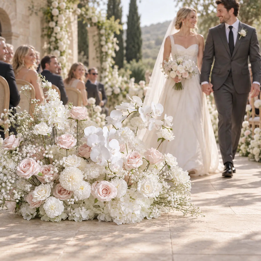 White Floral Row – Wedding Aisle Decor styled for a wedding celebration