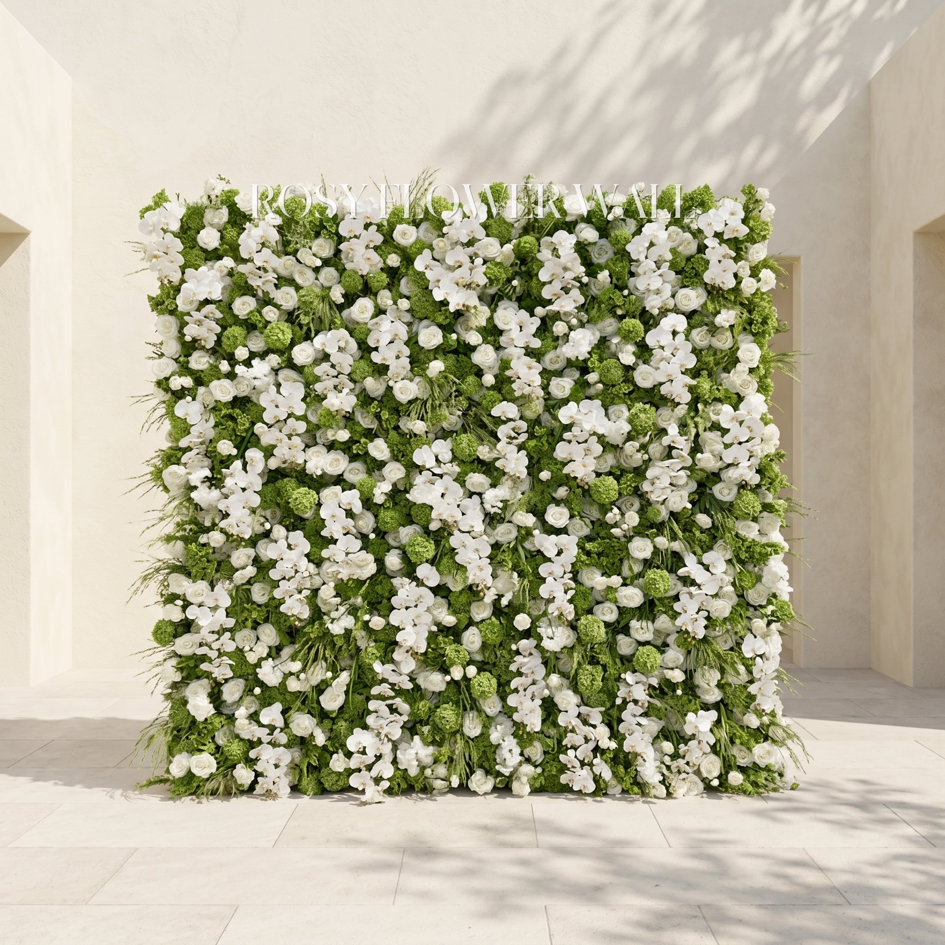 White and green silk flower wall with transparent Rosy Flower Wall logo