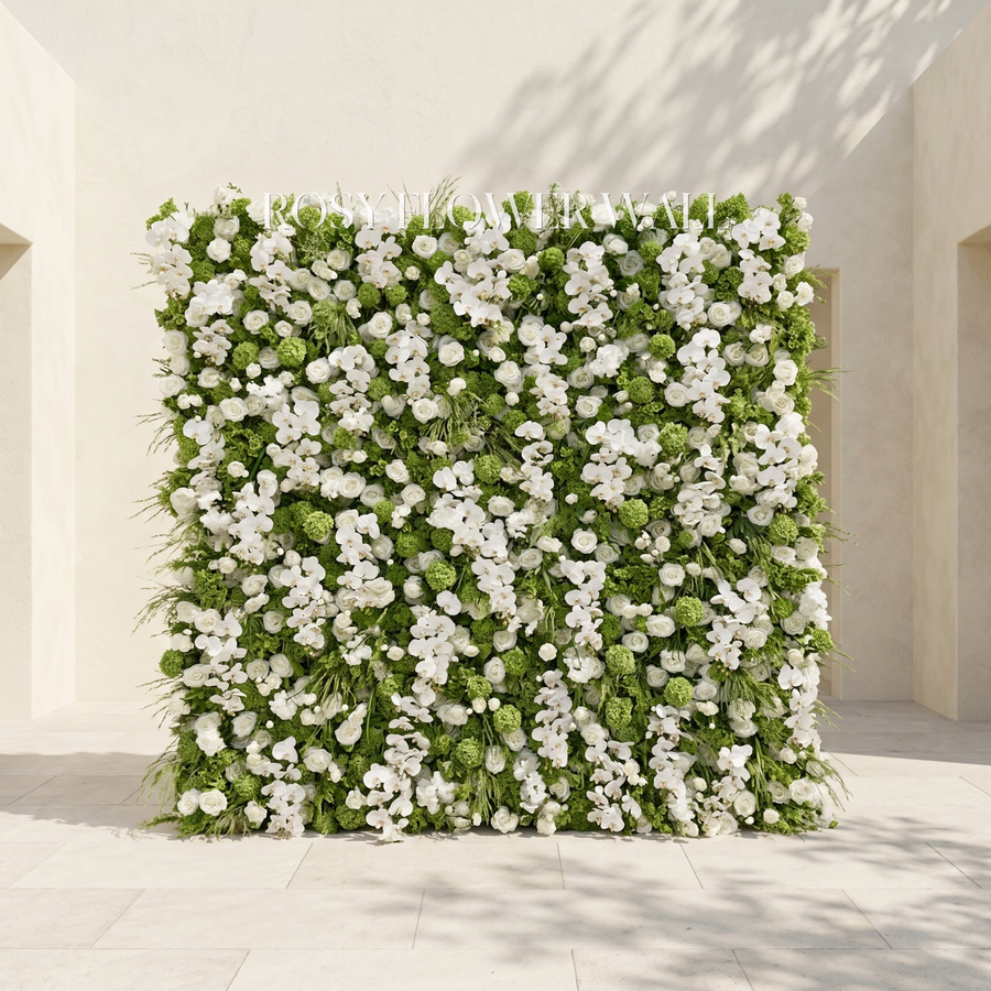 White and green silk flower wall with transparent Rosy Flower Wall logo