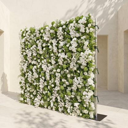 White and green silk flower wall side view