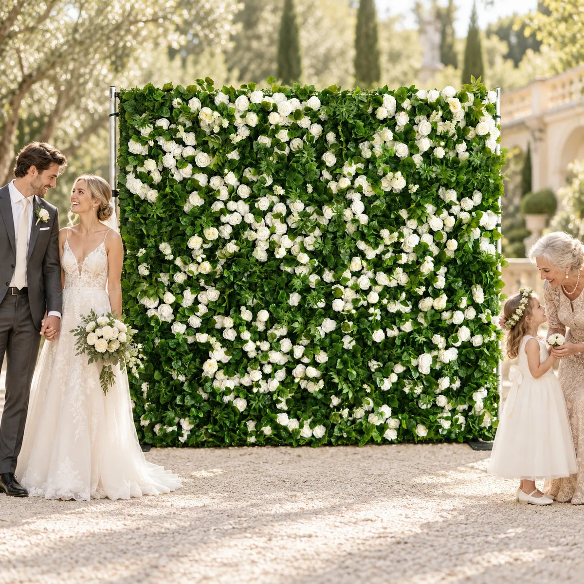 White&Green Rose Flower Wall Backdrop – 5D Artificial Floral Wall for Weddings & Events in an AI-styled wedding scene
