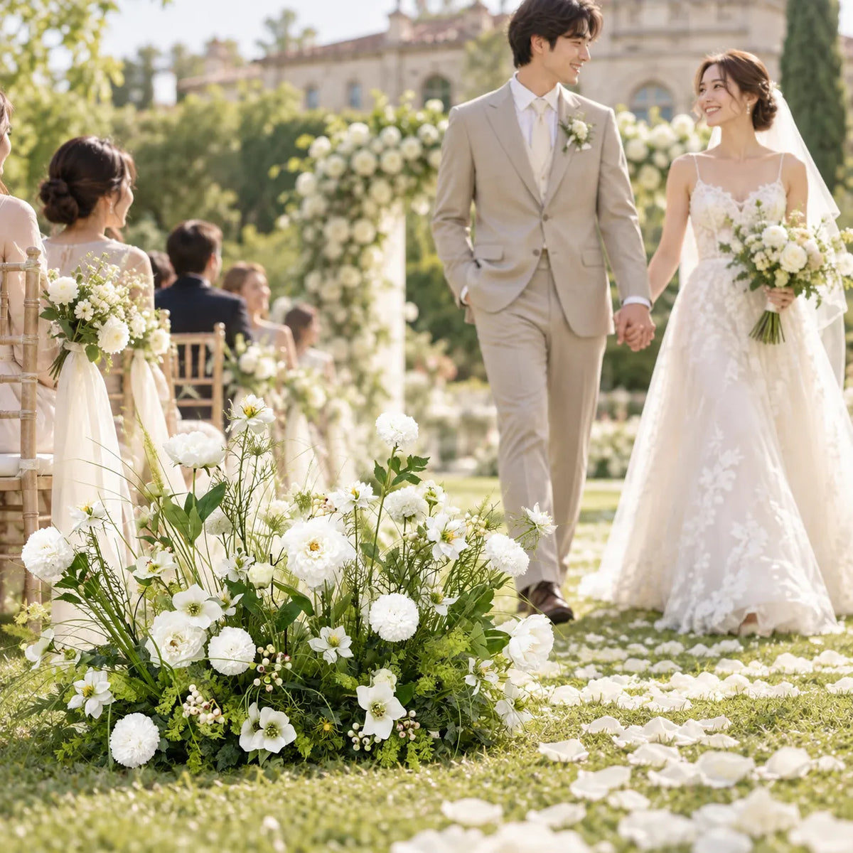 White & Greenery Floral Row – Wedding Aisle Decor in an AI-styled wedding scene