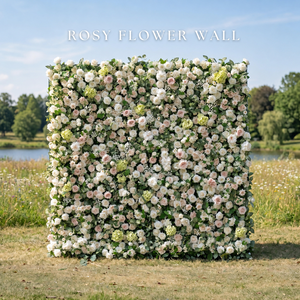 Luxury white and greenery silk flower wall with Rosy Flower Wall logo