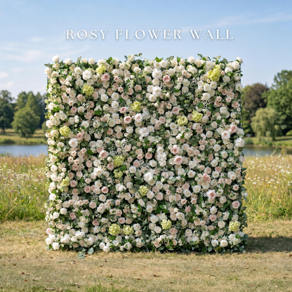 Luxury white and greenery silk flower wall with Rosy Flower Wall logo