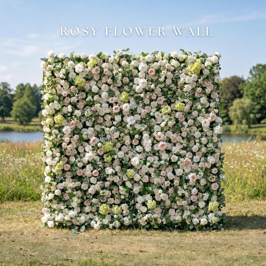 Luxury white and greenery silk flower wall with Rosy Flower Wall logo