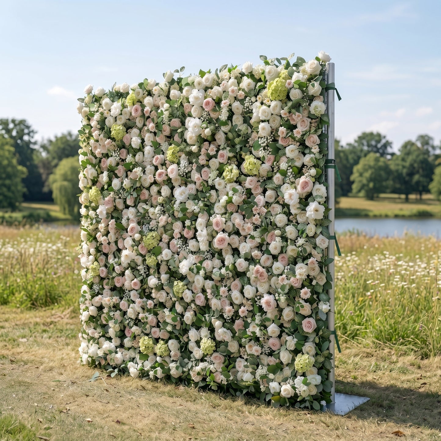White and greenery artificial flower wall side view