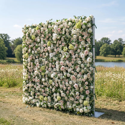 White and greenery artificial flower wall side view