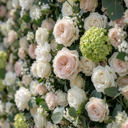 White rose hydrangea and greenery backdrop detail