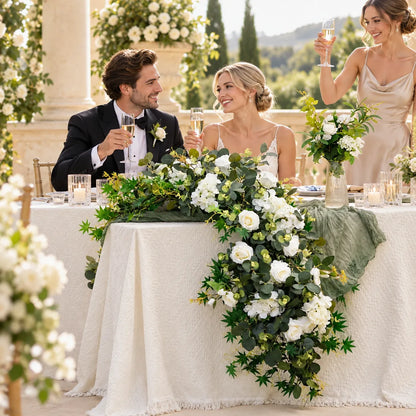 White Hydrangea & Eucalyptus Artificial Flower Runner styled for a wedding celebration