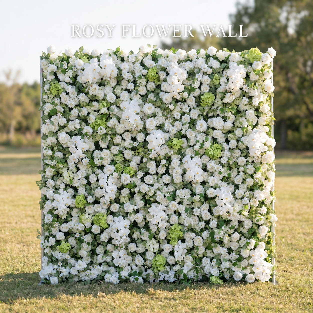 Luxury white orchid silk flower wall with Rosy Flower Wall logo