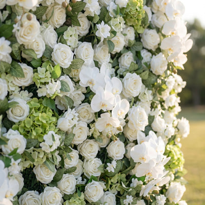 White hydrangea rose and orchid backdrop detail