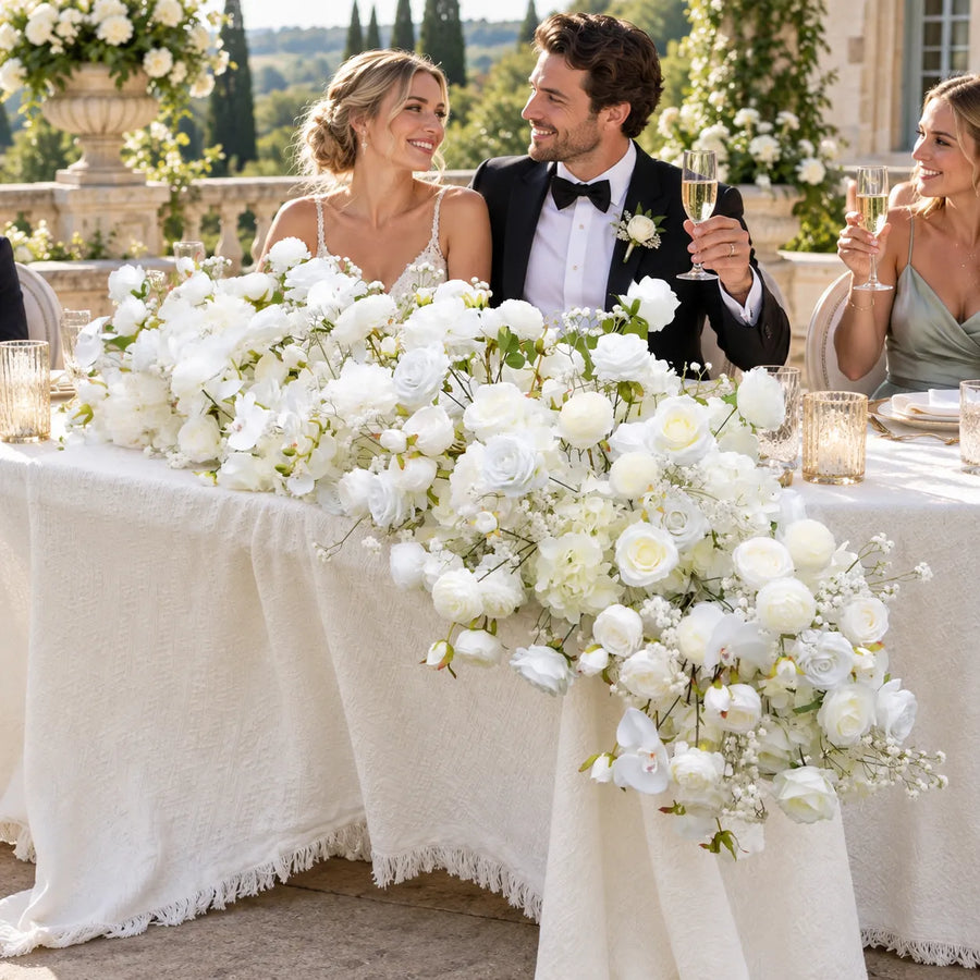 White Orchid, Rose & Hydrangea Artificial Flower Runner styled for a wedding celebration