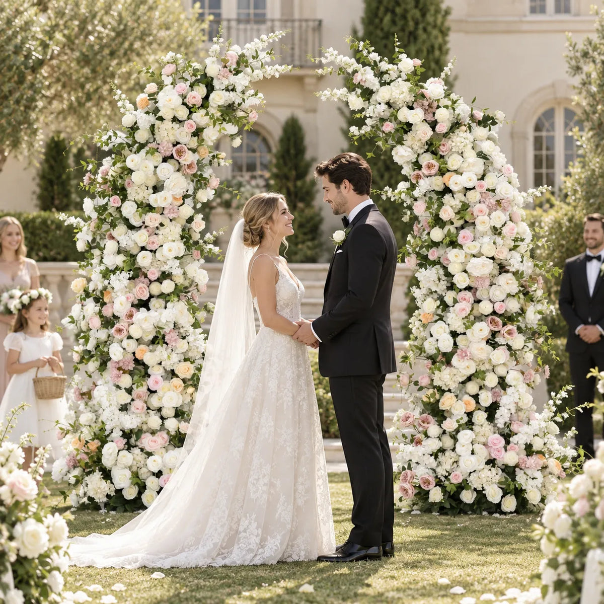 White & Pink Floral Horn Wedding Arch Set in an AI-styled wedding scene
