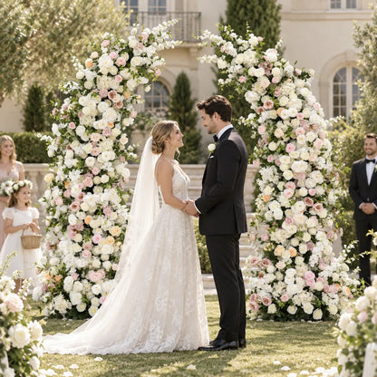 White & Pink Floral Horn Wedding Arch Set in an AI-styled wedding scene