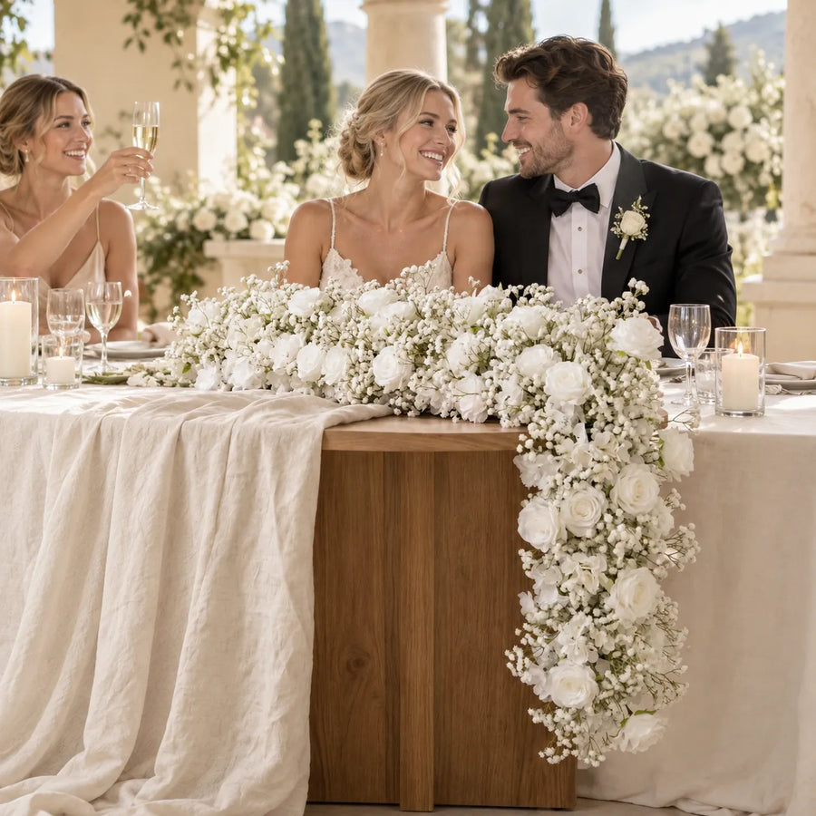 White Rose & Baby’s Breath Artificial Flower Runner styled for a wedding celebration