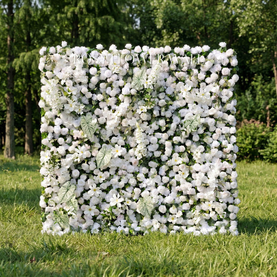 White rose and greenery flower wall with transparent Rosy Flower Wall logo