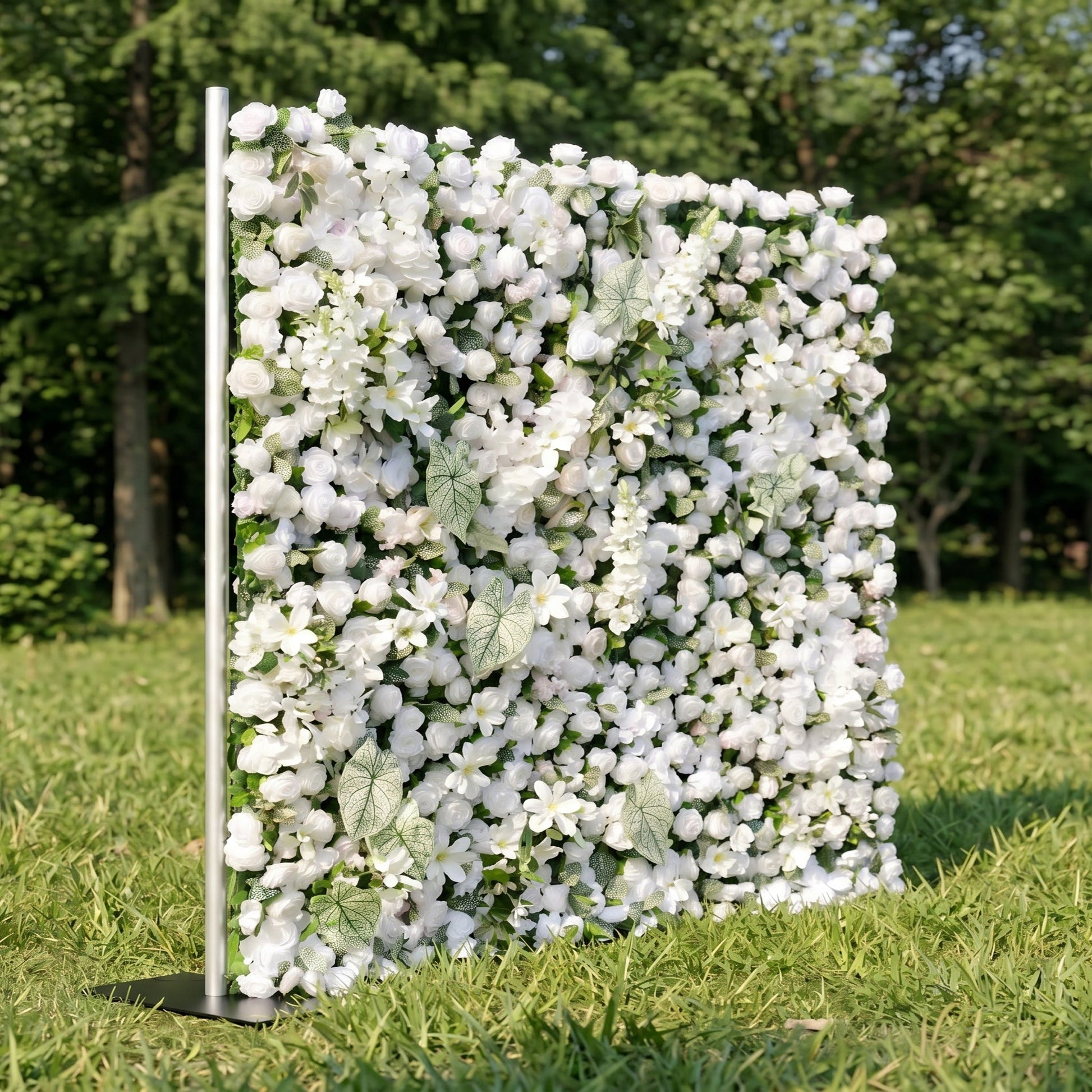 White rose and greenery flower wall side view