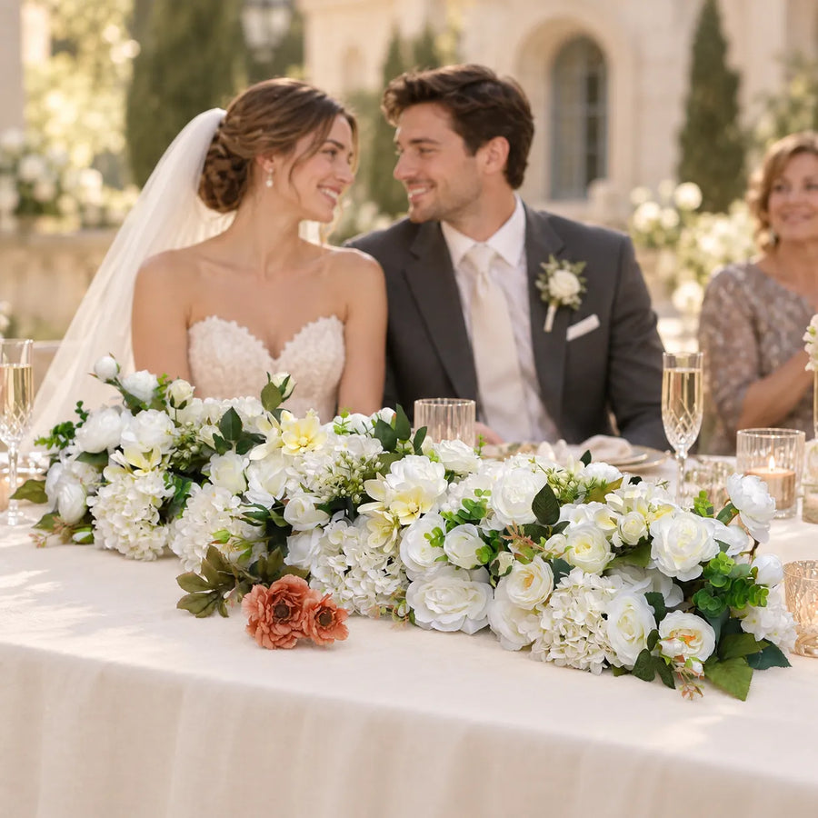 White Rose & Hydrangea Artificial Flower Runner in an AI-styled wedding scene