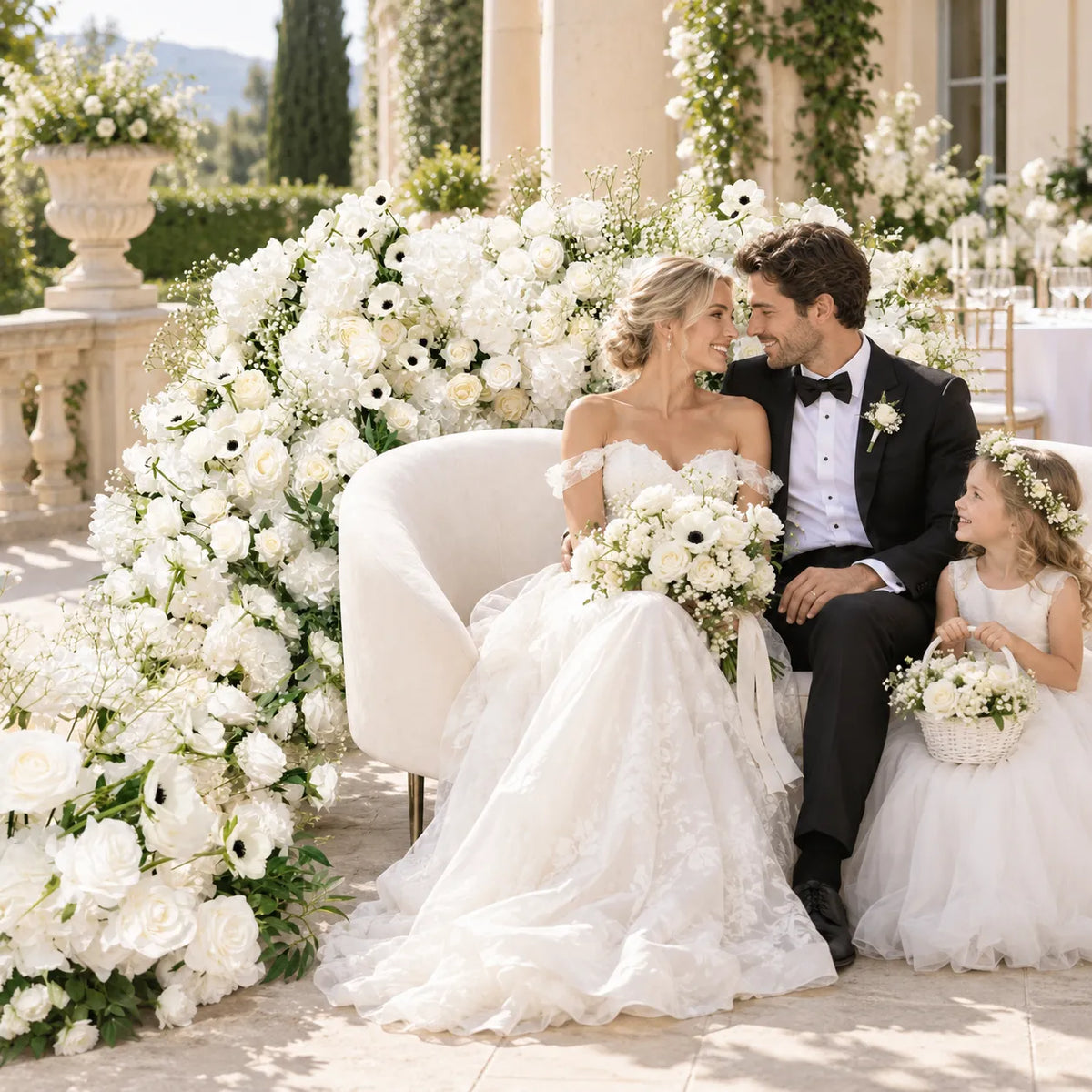 White Rose & Hydrangea Artificial Flower Runner styled for a wedding celebration