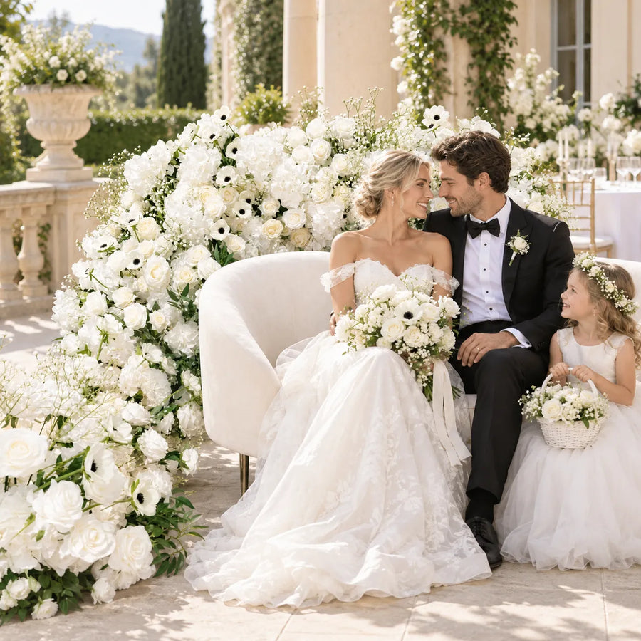 White Rose & Hydrangea Artificial Flower Runner styled for a wedding celebration