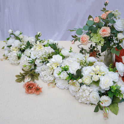 White silk rose and hydrangea wedding table flower runner