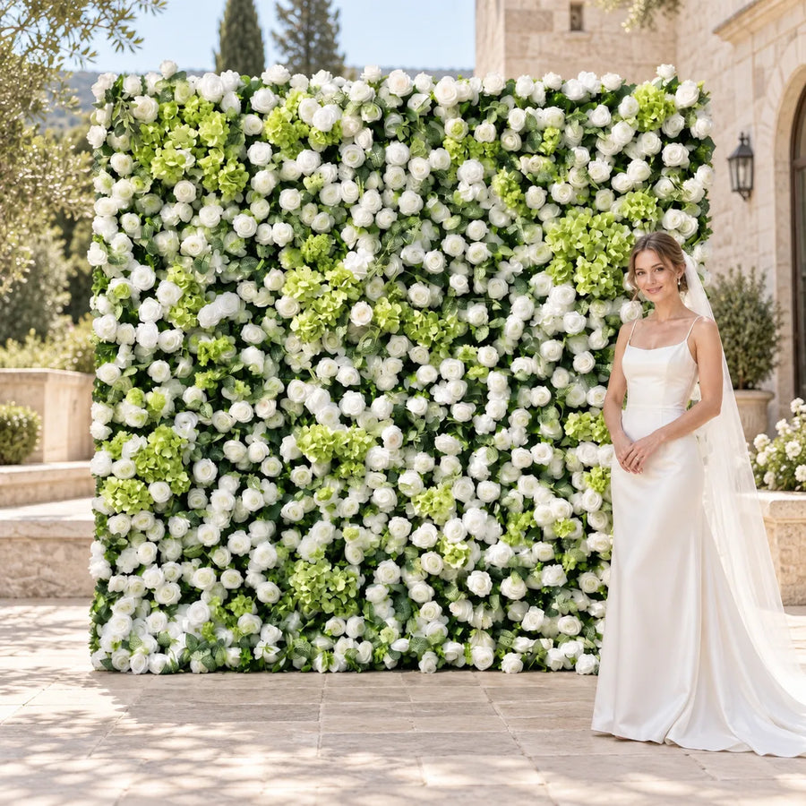 White Rose & Lime Hydrangea 3D Artificial Flower Wall Backdrop in an AI-styled wedding scene