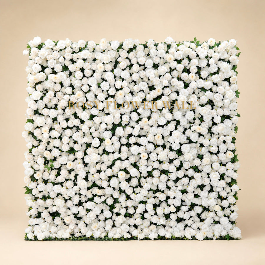 White rose flower wall on warm studio background with gold Rosy Flower Wall logo