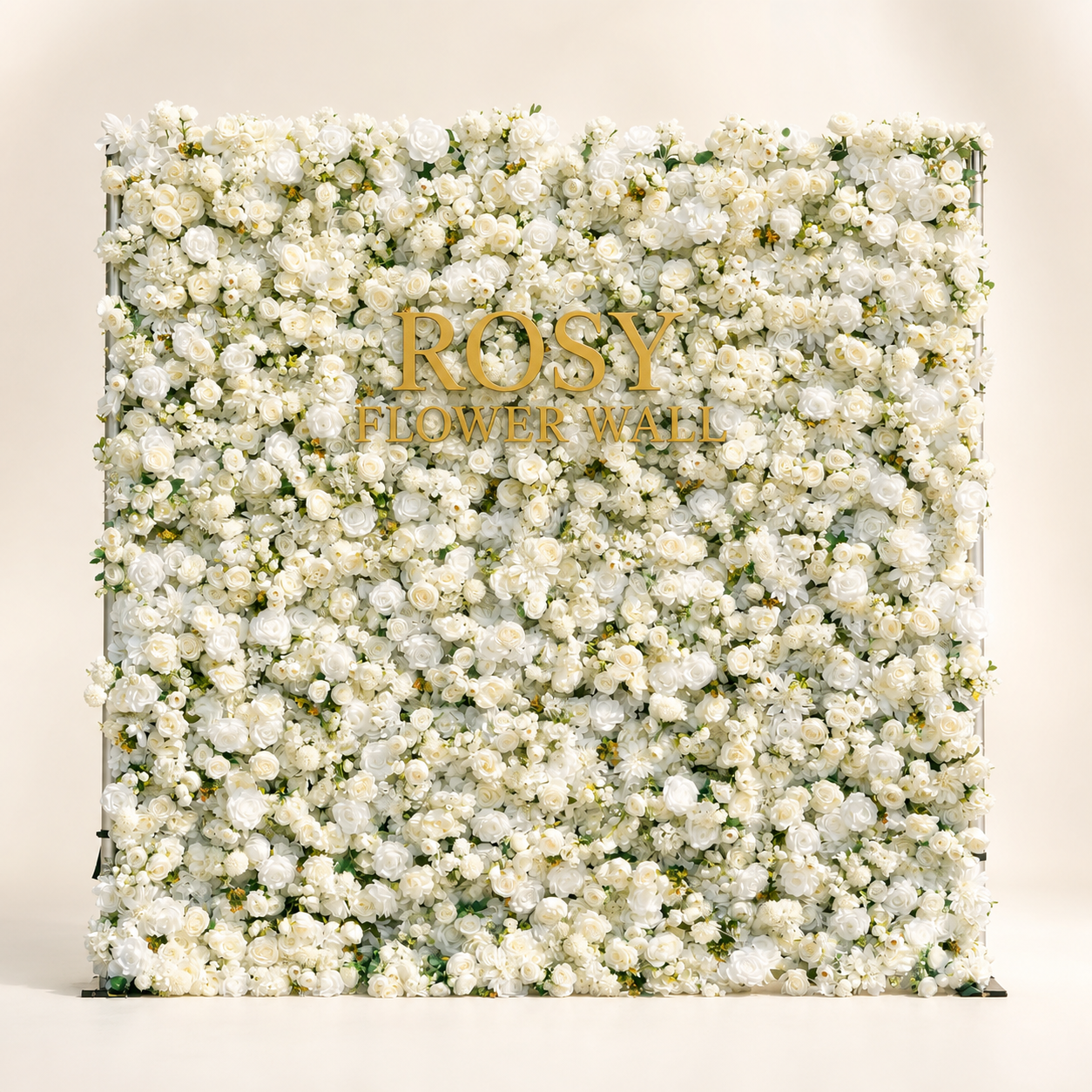 YaYa 5D white flower wall in warm white studio with gold ROSY FLOWER WALL logo