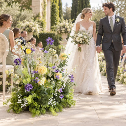 Yellow & Purple Floral Row – Wedding Aisle Decor styled for a wedding celebration