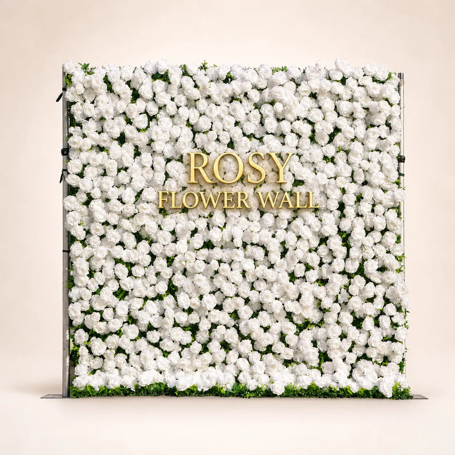 Artificial flower wall front view with gold Rosy Flower Wall logo on warm white background