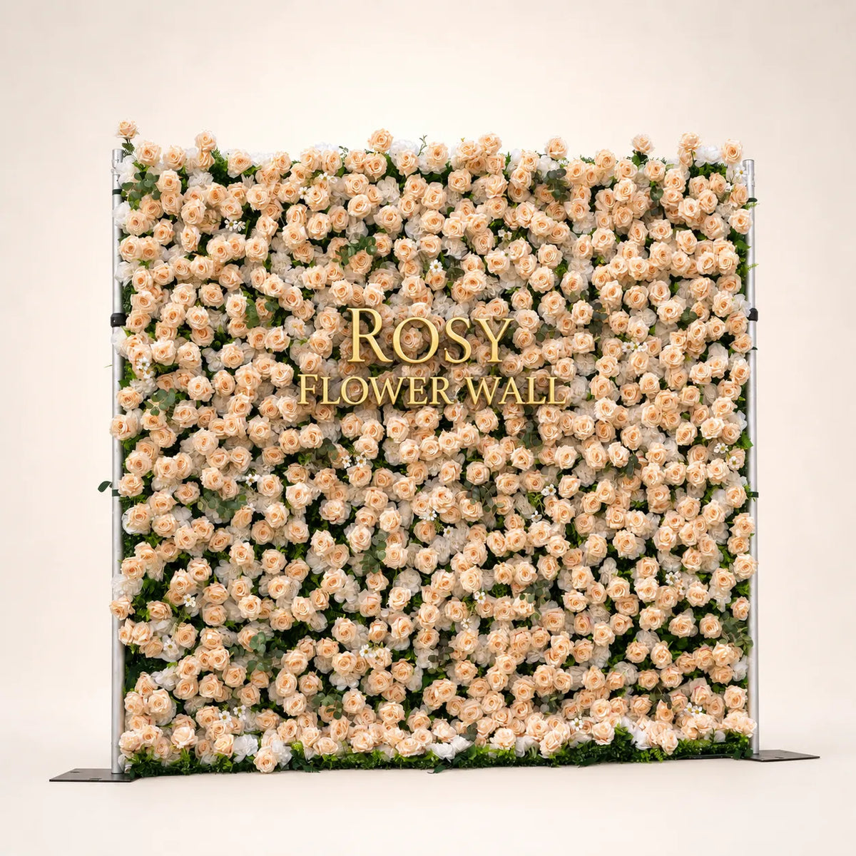 Artificial flower wall front view with gold Rosy Flower Wall logo on warm white background
